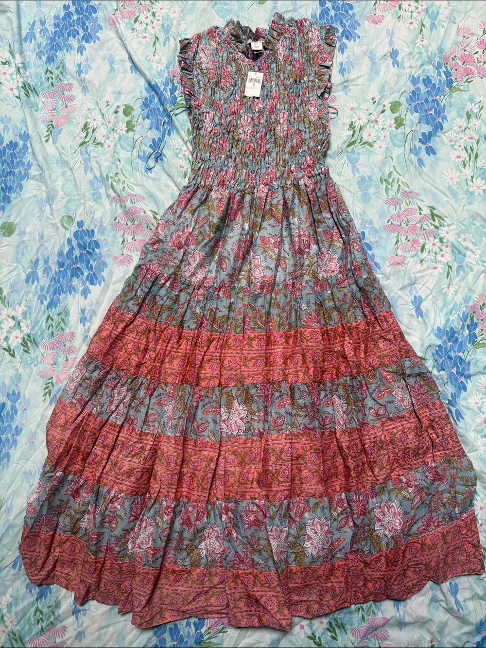 NWT Calypso St. Barth S Floral Smocked Maxi Dress in Pink and Blue Small
